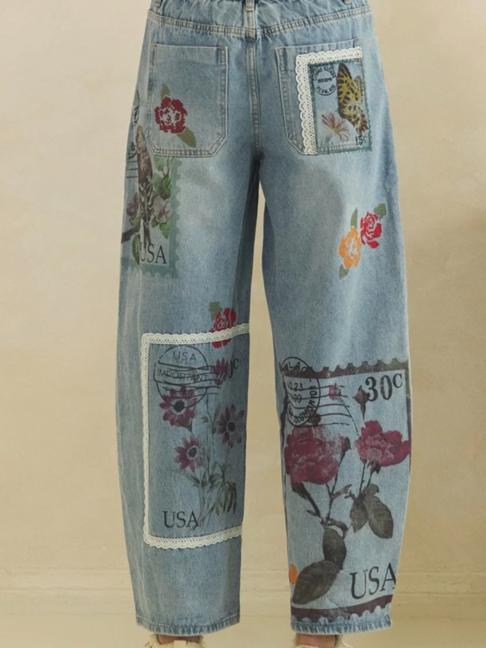 Oli & hali Floral Butterfly Print Embroidered Cropped Barrel Style Denim Pants - Picture 4 of 9